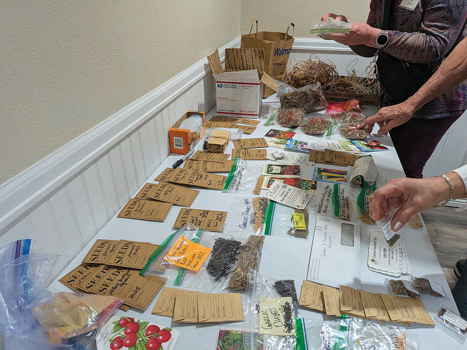 A table displaying various seed packets and bags, some labeled by hand, with several people sorting and exchanging seeds.