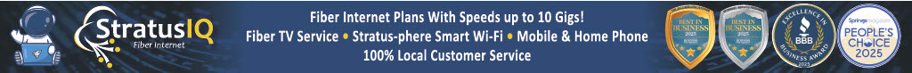 Banner for StratusIQ fiber network showing service details, customer service claim, and three award badges, including the Gazette's Best of the Springs 2023 and The People’s Choice 2025.