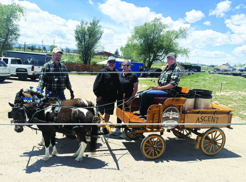 Four people pose next to a small wooden cart labeled "ASCENT," pulled by two miniature horses, in an outdoor setting with vehicles and trees in the background.