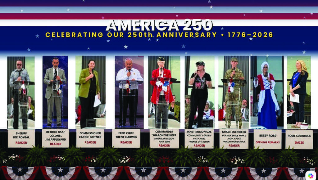 Eight people stand on a stage under a banner reading "America 250: Celebrating Our 250th Anniversary 1776–2026," each with a title and role listed below their photo.