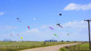 Several colorful kites fly in the blue sky above a rural landscape with a dirt road, grassy fields, and distant structures under scattered clouds.