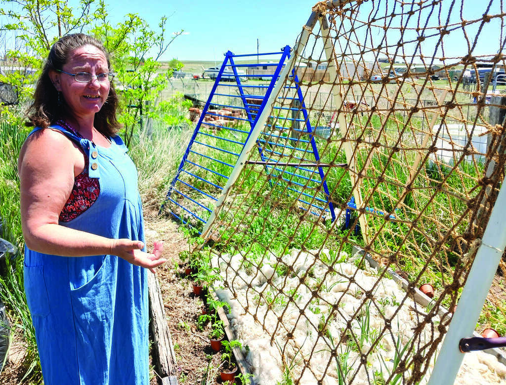 A woman in blue overalls stands beside a garden bed with a trellis made of rope netting, supporting young plants.