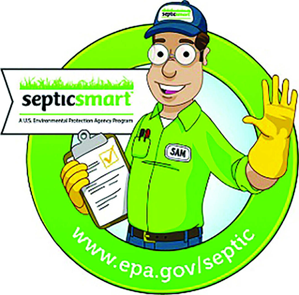 Cartoon worker in green uniform holding a clipboard waves; “septic smart” banner and EPA website link are shown.