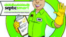 Cartoon worker in green uniform holding a clipboard waves; “septic smart” banner and EPA website link are shown.