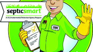 Cartoon worker in green uniform holding a clipboard waves; “septic smart” banner and EPA website link are shown.