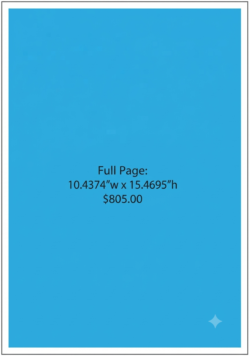 Full page ad dimensions of 10.4374 inches by 15.4695 inches, priced at $805.00.