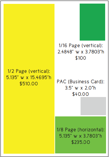 Chart showing ad sizes and prices: 1/2 page vertical for $510, 1/16 page vertical for $100, business card size for $40, and 1/8 page horizontal for $235.