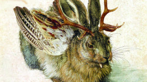 Watercolor painting of a mythical creature resembling a rabbit with deer antlers and bird wings.