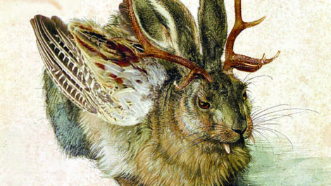 Watercolor painting of a mythical creature resembling a rabbit with deer antlers and bird wings.