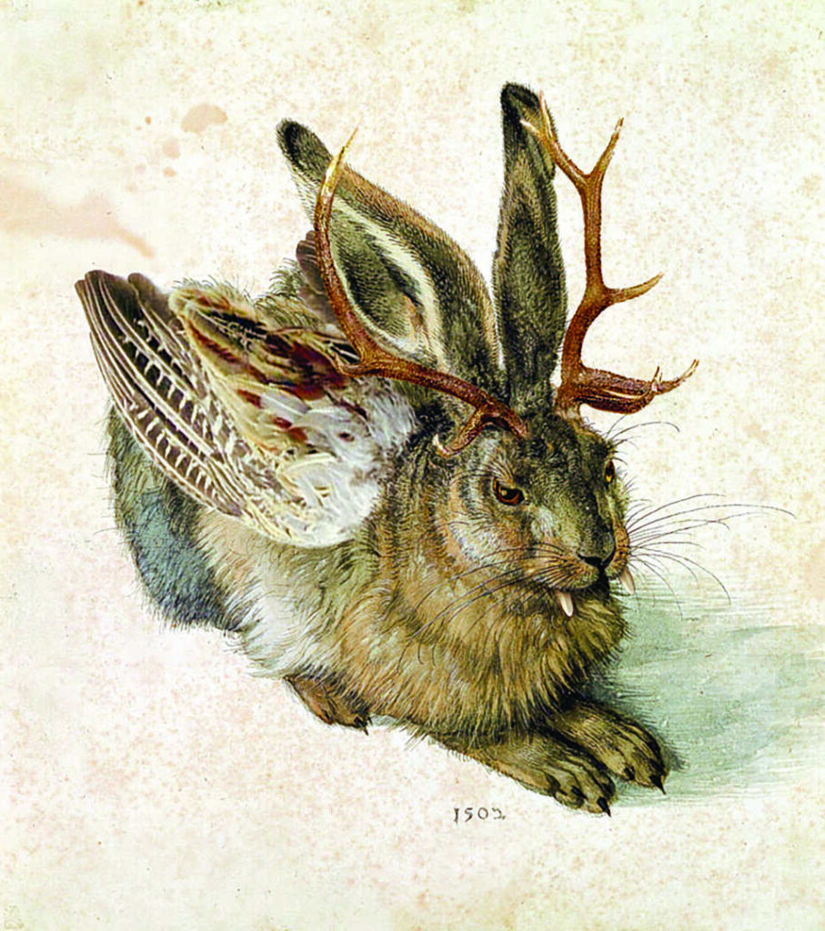 Watercolor painting of a mythical creature resembling a rabbit with deer antlers and bird wings.